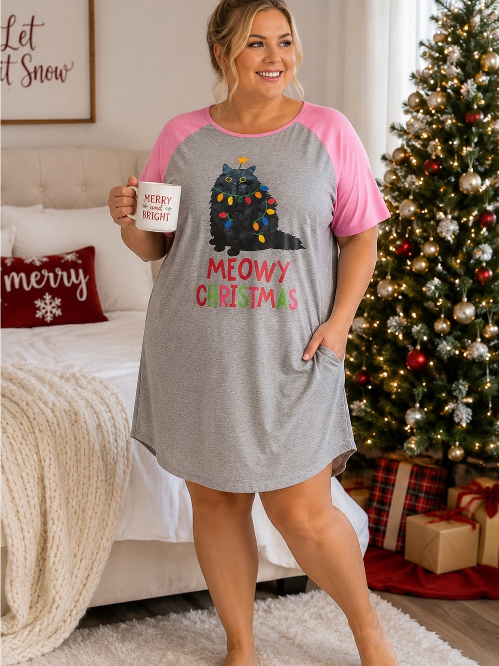 Meowy Christmas Cat Holiday Nightgown Women’s 1XL Gray Pink Sleep Shirt